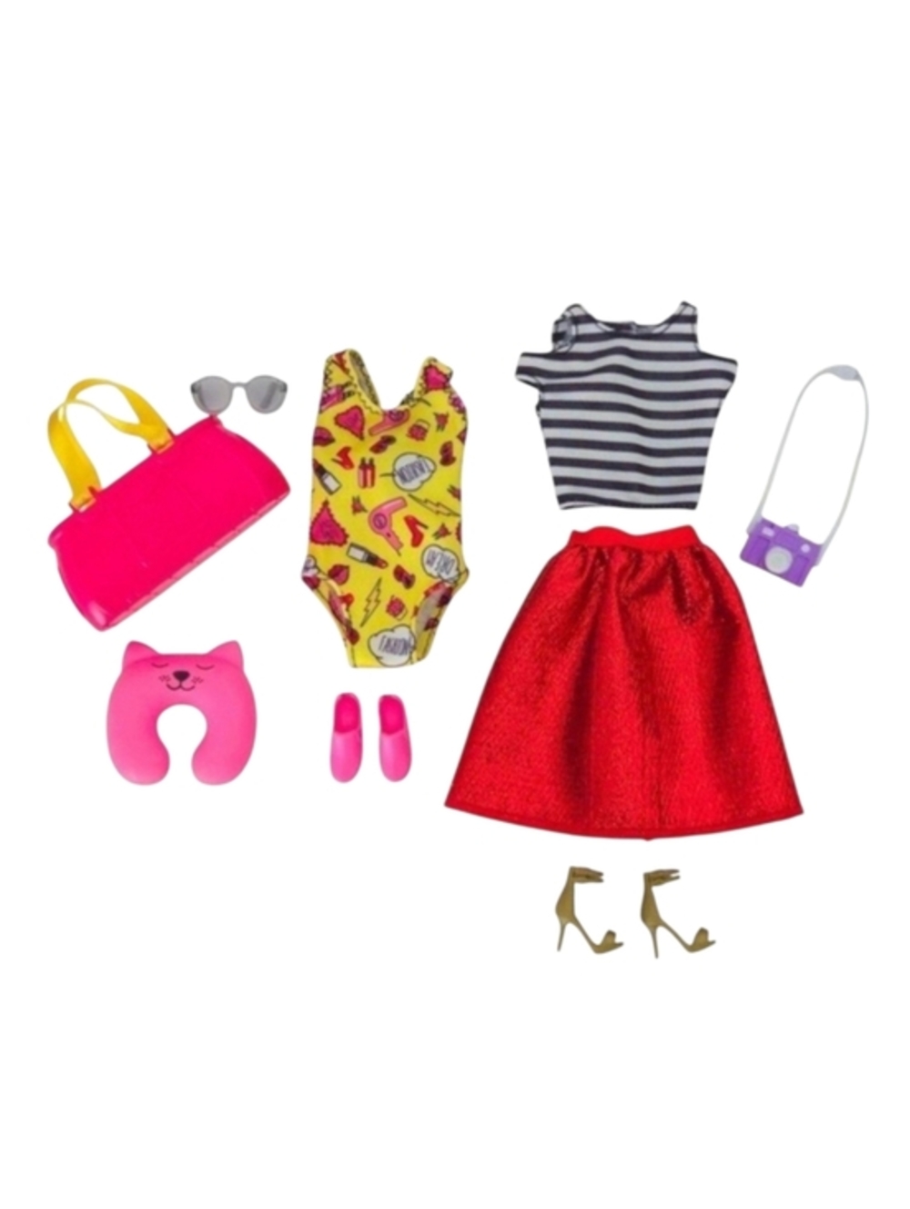 Barbie Pink Passport Clothes- Paris Red Metallic Skirt‎ & Yellow Beach Swimsuit